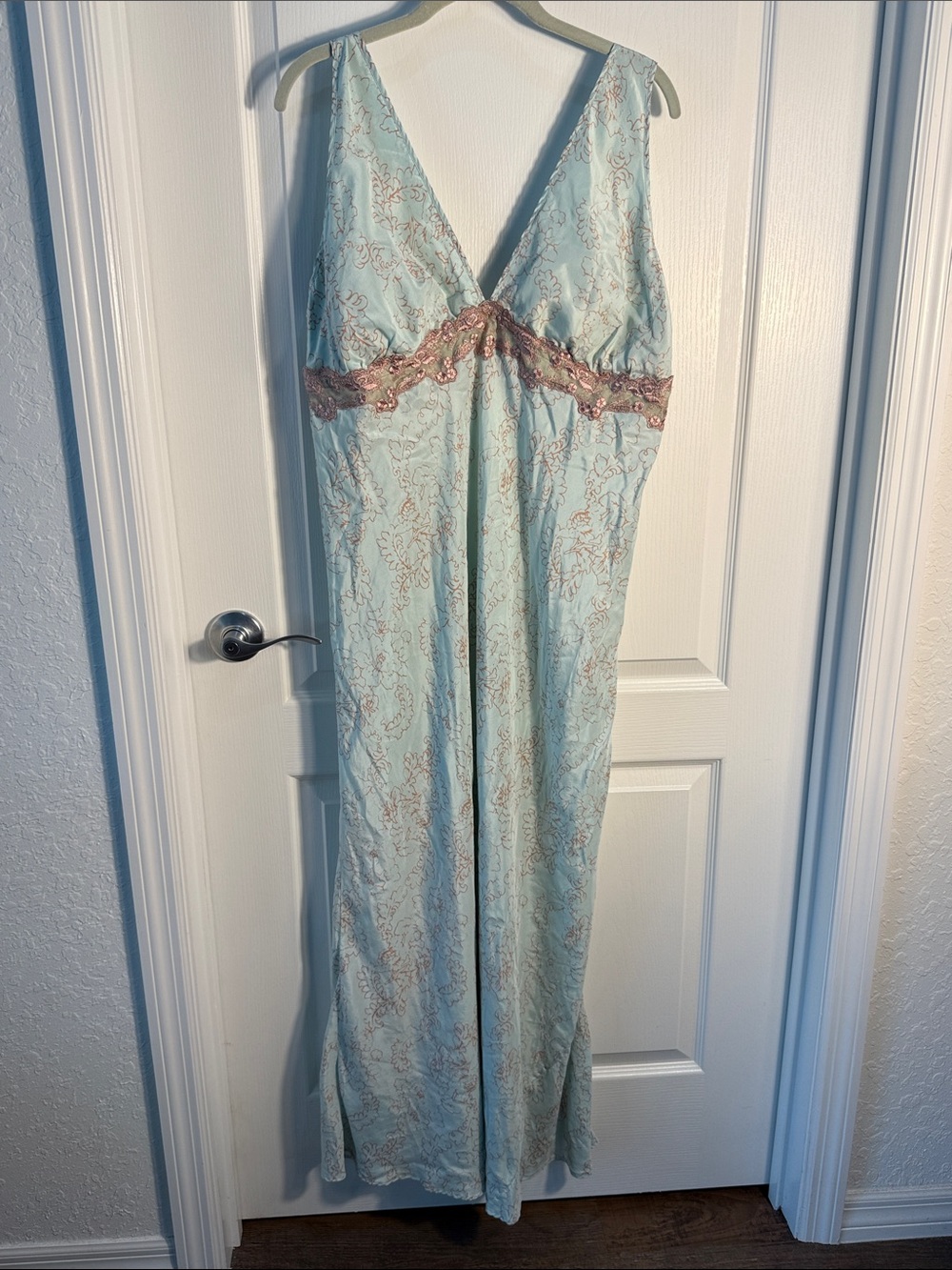 Soft Surroundings Blue Lace-Trim V-Neck Maxi Slip/Lingerie Dress 100% Silk XL